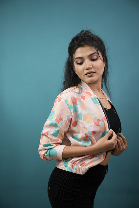 PASTEL COLOUR ABSTRACT PRINTED BOMBER JACKET
